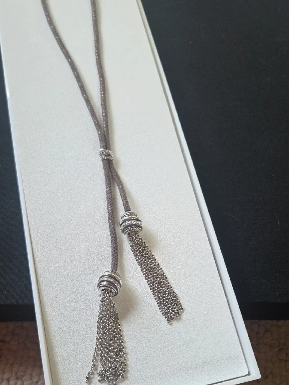 Brighton Taupe Cord Tassel Necklace with Swarovski Crystals
